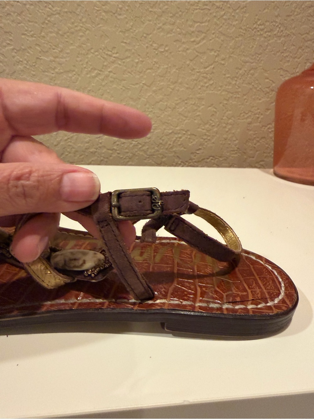 Sam Edelman Brown T-Strap Sandal with Cream Marbled Bead Accents - Picture 6 of 7